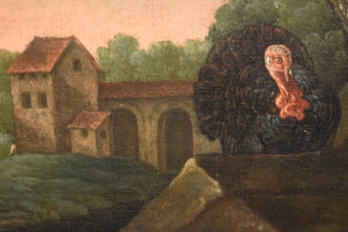 Cour de ferme avec des animaux et des Fleurs - École Flamande du XVIIe siècle - Louis XIV